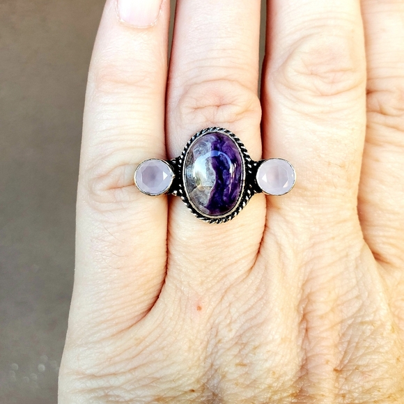 New Charoite & Chalcedony Silver Ring. - Picture 7 of 12